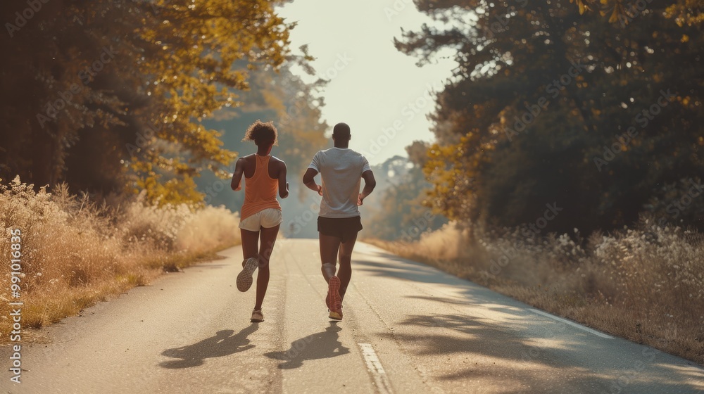Two people jogging on a sunlit road lined with trees, embodying a serene yet energetic morning workout. Two people jogging on a sunlit road lined with trees, embodying a serene yet energetic morning workout.