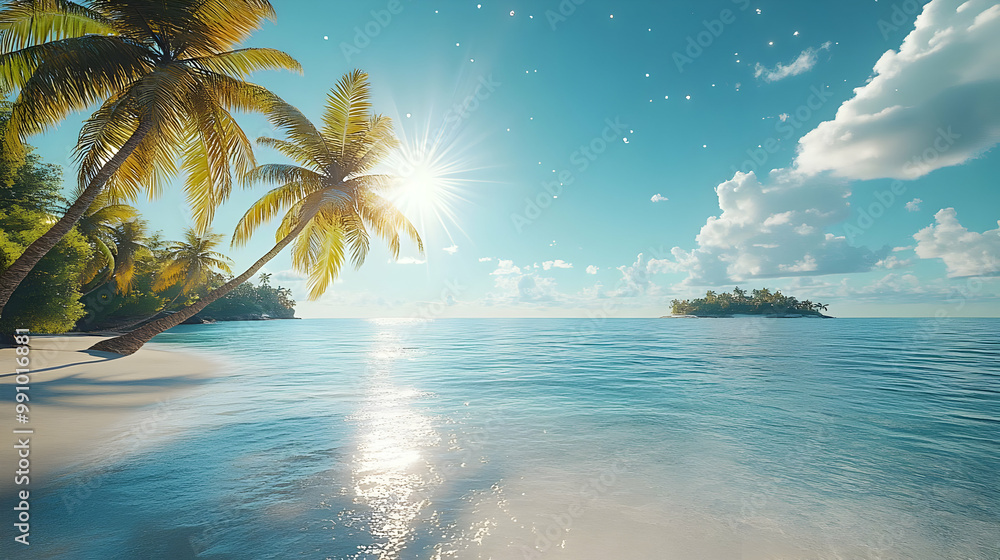 Fototapeta premium Tropical beach with palm trees and sparkling water under a sunny sky, perfect for relaxation and vacation vibes.