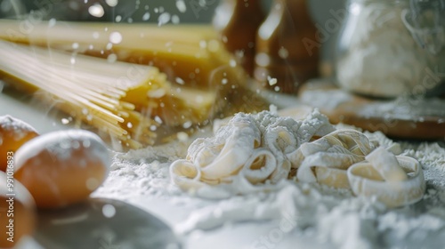 Freshly made pasta on a floured surface, surrounded by ingredients like eggs and spaghetti in the background, captured mid-motion as flour is sprinkled. photo