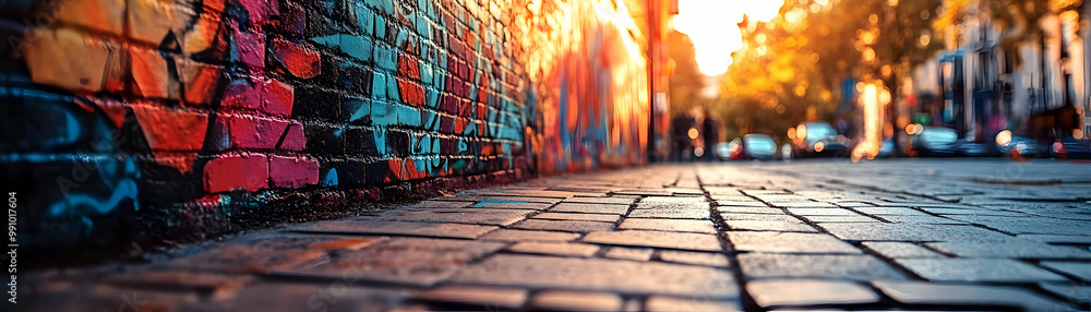 Fototapeta premium Graffiti Wall Street Art with Cobblestone Street in the City