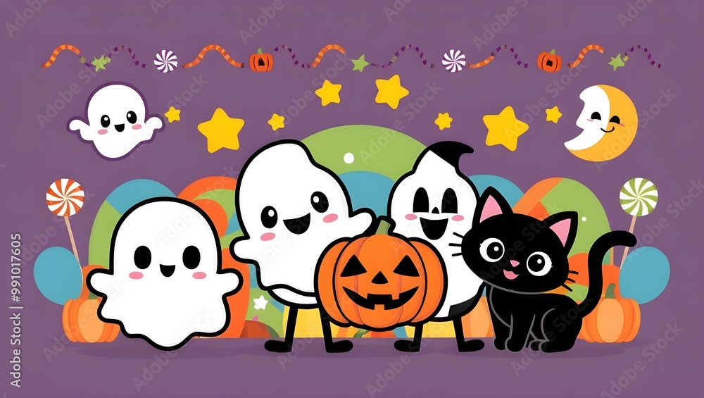 A group of cute, cartoon-style Halloween characters including a friendly ghost, a smiling jack-o'-lantern, and a playful black cat. A group of cute, cartoon-style Halloween characters including a friendly ghost, a smiling jack-o'-lantern, and a playful black cat.