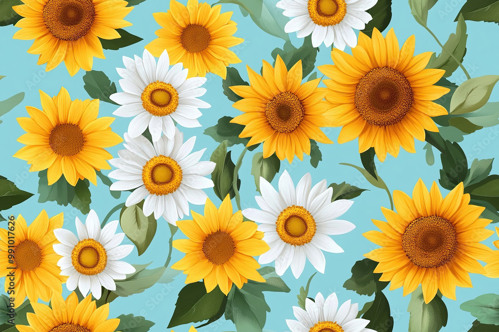 Obraz premium Cheerful seamless pattern of bright sunflowers and daisies with vibrant yellow petals for lively textile or wallpaper designs