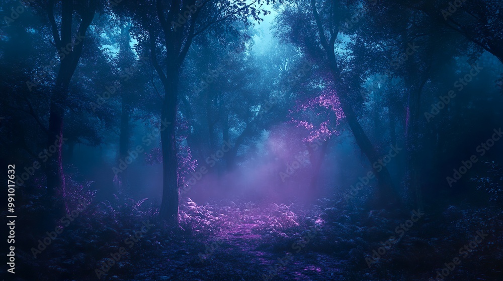 Naklejka premium Dark forest glowing softly neon flowers scattered throughout its depths picture