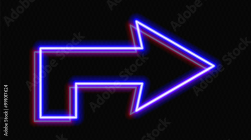 Neon red and blue arrow sign pointing right on a transparent background. Glowing, futuristic design, ideal for technology, navigation, or modern direction concepts.