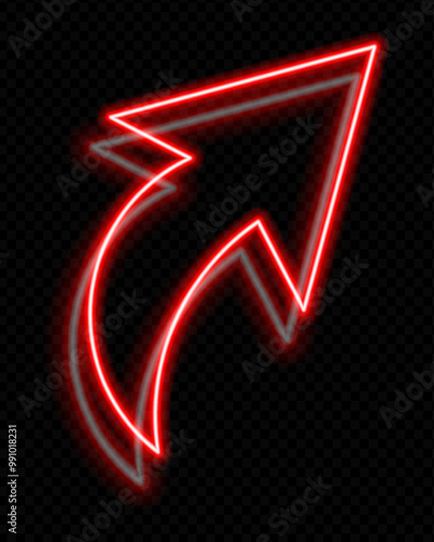 Neon red curved arrow pointing upwards on a transparent background. Glowing, futuristic design, ideal for technology, navigation, and digital direction concepts.