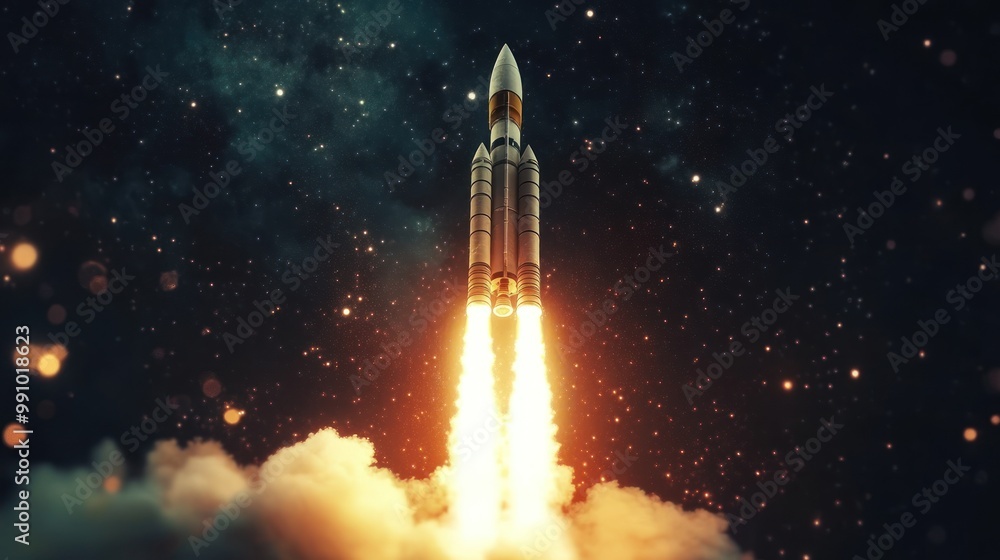 Rocket launch into space with a starry sky in the background. Rocket launch into space with a starry sky in the background.