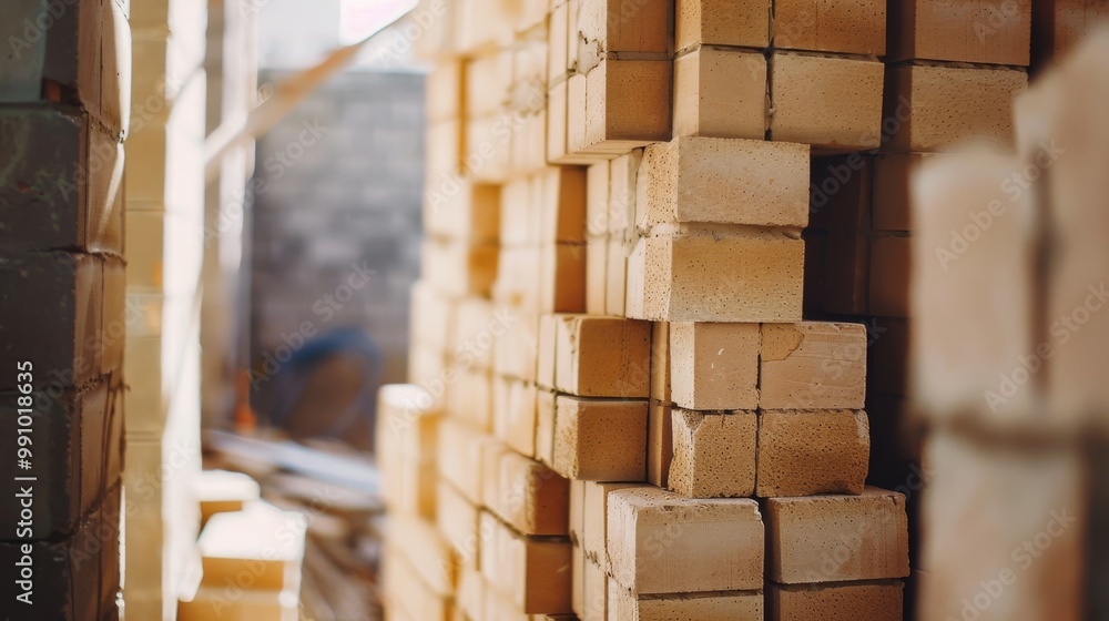 Stacks of yellow bricks neatly piled in a sunny construction site, suggesting ongoing building or renovation work. Stacks of yellow bricks neatly piled in a sunny construction site, suggesting ongoing building or renovation work.