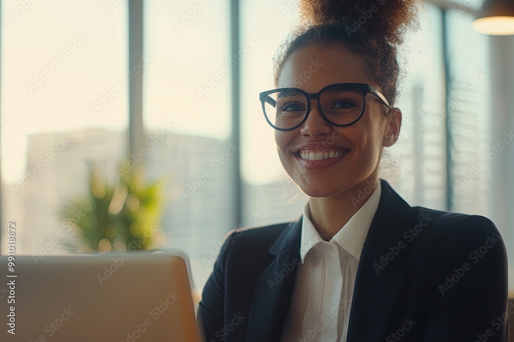 A Confident Young Woman Smiles While Working on Her Laptop in a Modern Office During the Daytime With City Views A Confident Young Woman Smiles While Working on Her Laptop in a Modern Office During the Daytime With City Views