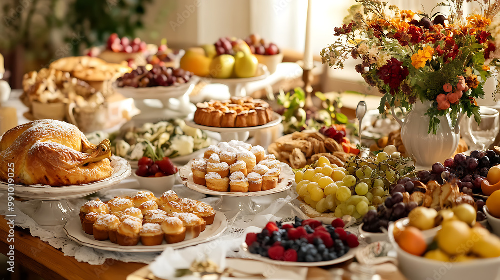 Table set for a Thanksgiving brunch with an assortment of dishes, including pastries and fresh fruit, in a cozy setting Table set for a Thanksgiving brunch with an assortment of dishes, including pastries and fresh fruit, in a cozy setting