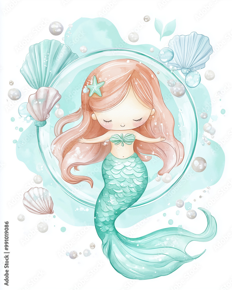 Watercolor painting of a cute little mermaid, with a light turquoise and white background featuring shells and pearls. Watercolor painting of a cute little mermaid, with a light turquoise and white background featuring shells and pearls.