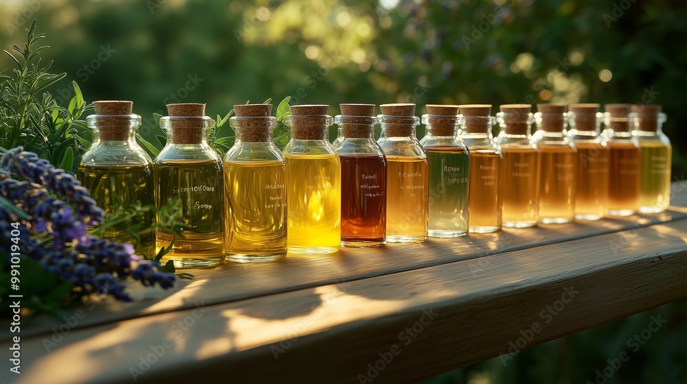 A row of glass bottles filled with various essential oils, each bottle displaying the name and color of its oil, is surrounded by fresh herbs like lavender or thyme A row of glass bottles filled with various essential oils, each bottle displaying the name and color of its oil, is surrounded by fresh herbs like lavender or thyme