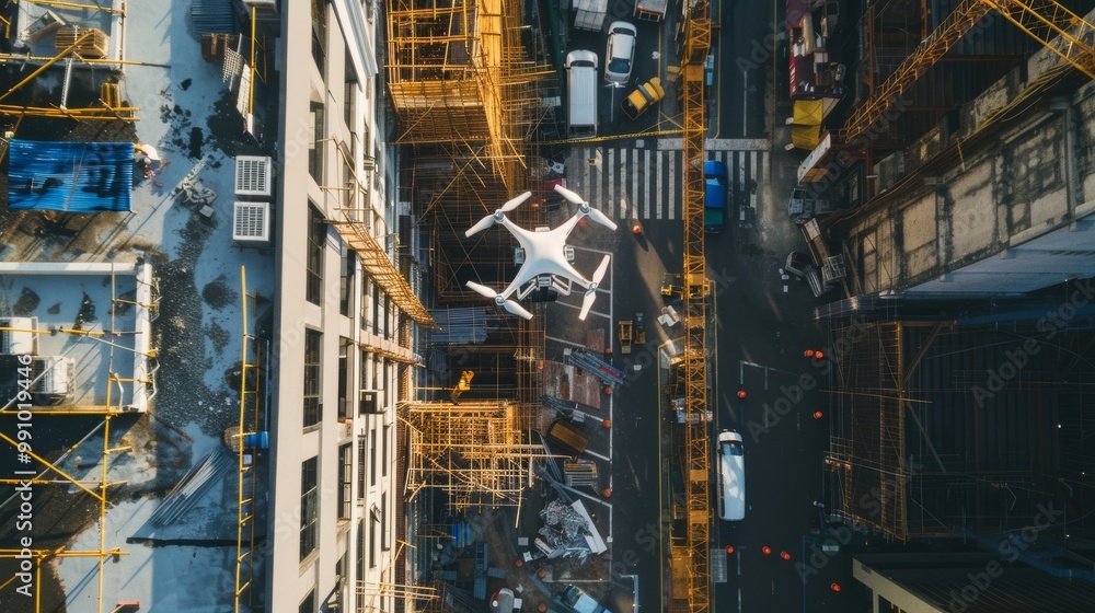 A drone captures a bird's-eye view of a busy construction site, where cranes and scaffolding dominate the frame, showcasing urban development and industry. A drone captures a bird's-eye view of a busy construction site, where cranes and scaffolding dominate the frame, showcasing urban development and industry.