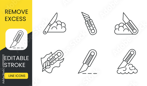 Remove excess, trim the remains set of line icons vector with editable stroke
