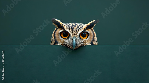 Curious owl peeking over a green surface, showcasing its vibrant eyes and intricate feather patterns. photo