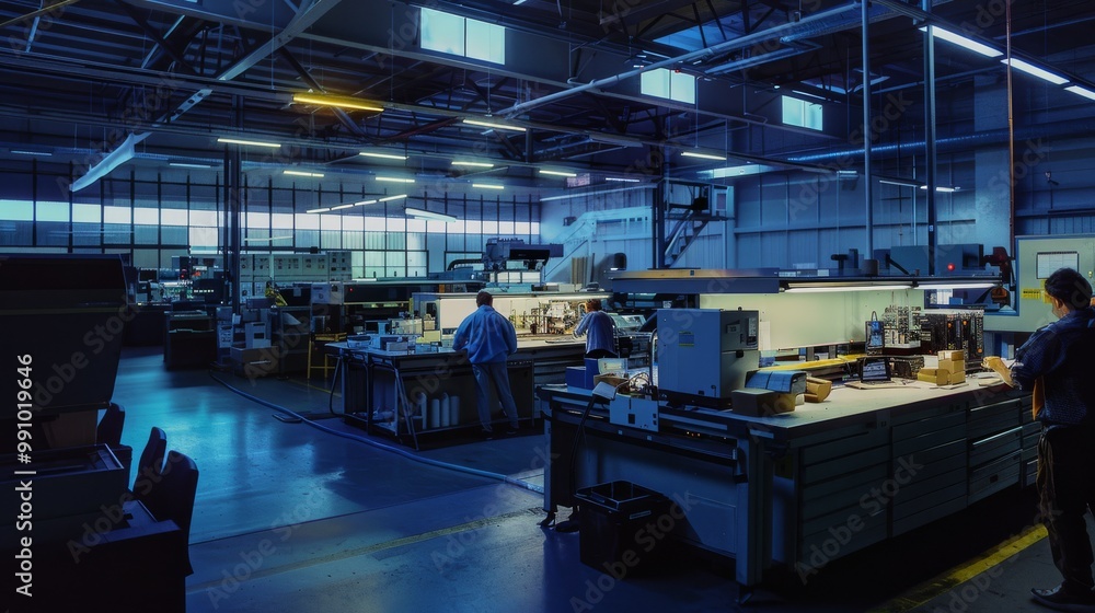 An industrial workspace bathed in blue light, showcasing high-tech machinery and workers engaged in precision tasks. An industrial workspace bathed in blue light, showcasing high-tech machinery and workers engaged in precision tasks.