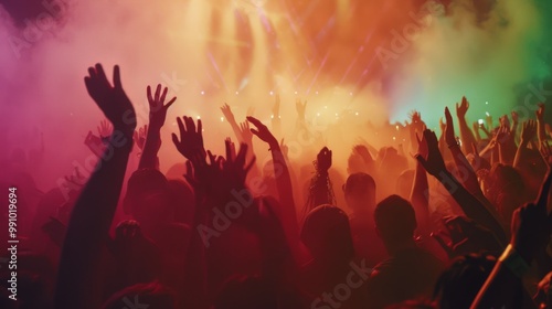 A jubilant crowd at a concert or party, with hands up and vibrant smoke and lights filling the scene. photo