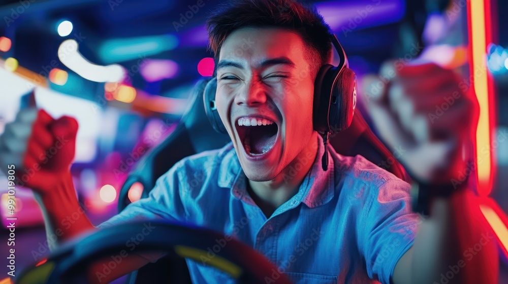 Male Gamer with Car Simulation Steering Wheel Male Gamer with Car Simulation Steering Wheel