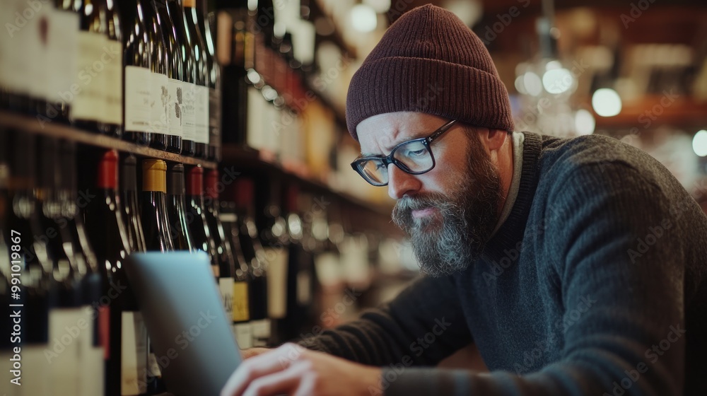 Bearded man wearing a beanie and glasses uses a laptop in front of a wine shelf. Bearded man wearing a beanie and glasses uses a laptop in front of a wine shelf.