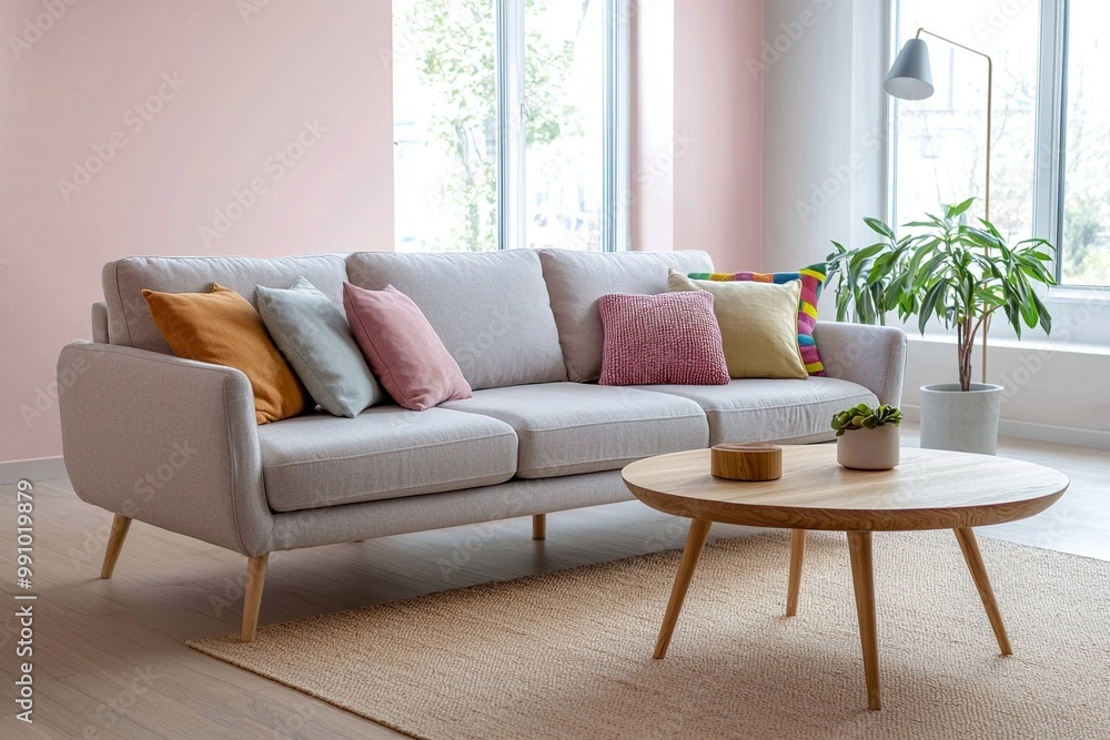 Scandinavian mid-century modern interiors in the living room with art frames hanging on light pink walls and sofas and wood tables. Generative AI
Scandinavian mid-century modern interiors in the living room with art frames hanging on light pink walls and sofas and wood tables. Generative AI