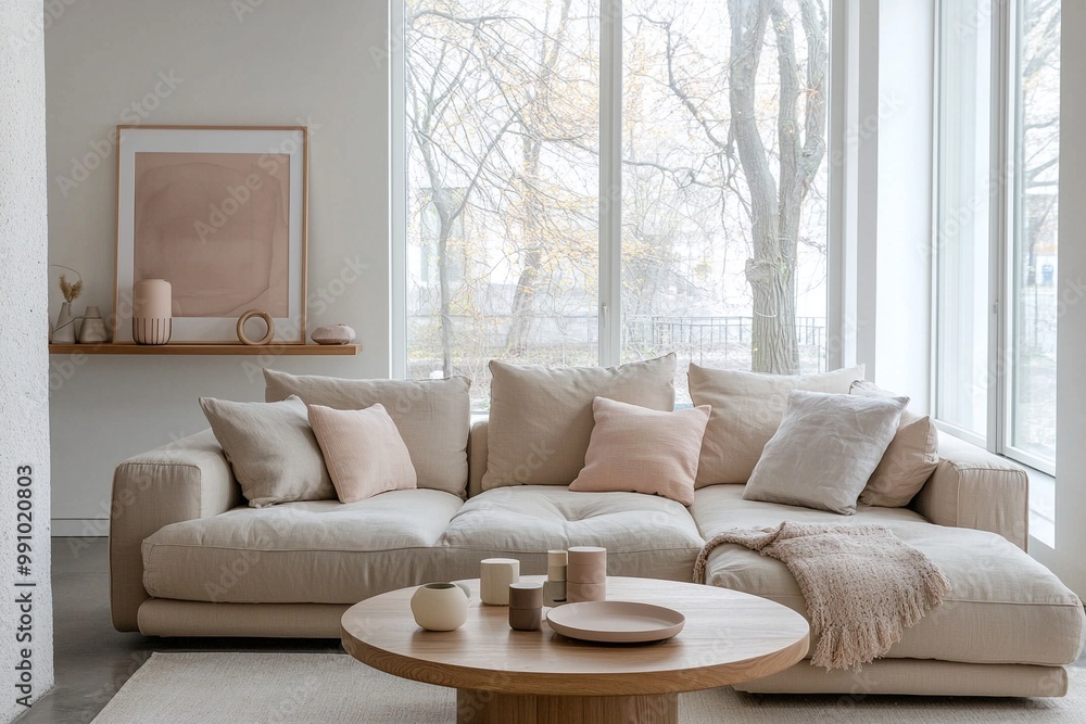 Fototapeta premium Photographed a modern residential living room designed with a combination of mid-century modern interiors and Scandinavian interiors. Generative AI 