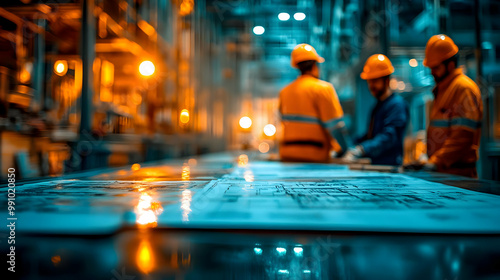 Workers collaborating on factory floor with blue and orange lighting, examining machinery plans.