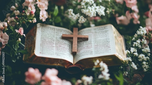 Open Bible with a Wooden Cross and Flowers.