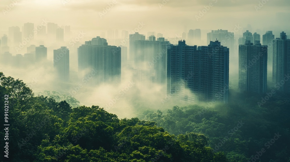 Foggy city skyline with tall buildings and lush green forest. Foggy city skyline with tall buildings and lush green forest.