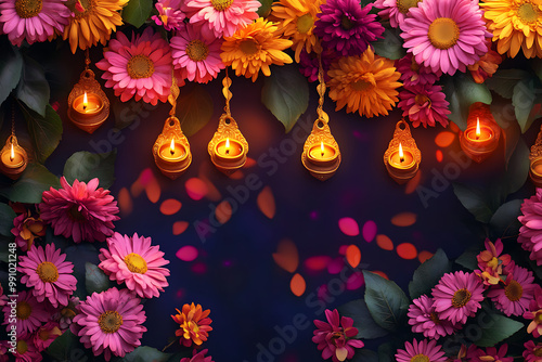 Traditional Diwali background with bright marigold flowers and decorative torans