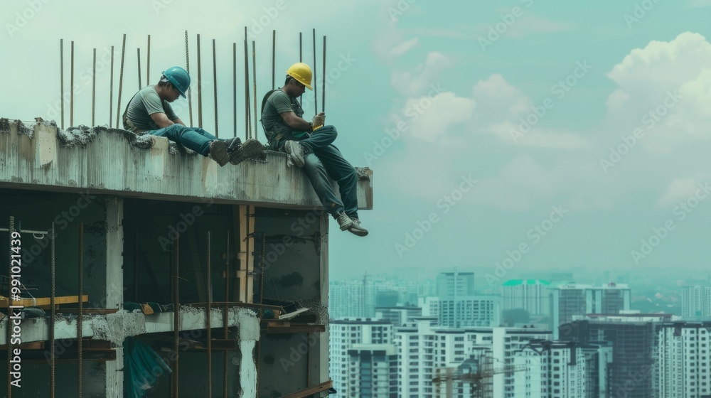 Two construction workers take a break, sitting on the edge of a building under construction with a cityscape backdrop. Two construction workers take a break, sitting on the edge of a building under construction with a cityscape backdrop.