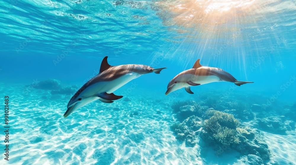 Fototapeta premium Playful Dolphins Swimming in Tropical Waters