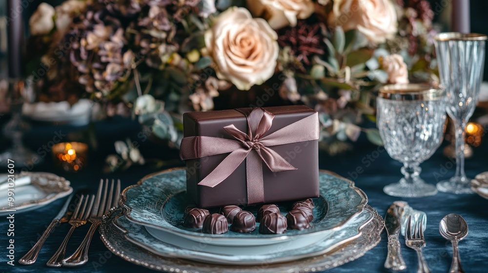 Elegant Chocolate Box on a Beautifully Set Table. Elegant Chocolate Box on a Beautifully Set Table.