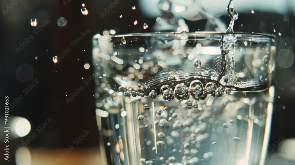 Clear water bubbles and splashes inside a glass, capturing a refreshing, dynamic moment with sparkling droplets suspended in mid-air. Clear water bubbles and splashes inside a glass, capturing a refreshing, dynamic moment with sparkling droplets suspended in mid-air.