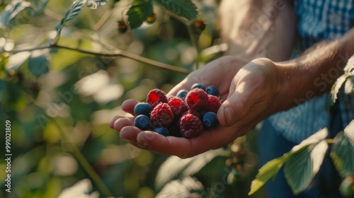 Hands gently cradle freshly picked raspberries and blueberries, captured against a lush green background, evoking farms and fresh produce. photo