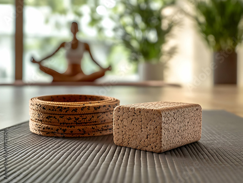 Yoga props on mat with peaceful background, promoting mindfulness and wellness in a calming environment. photo