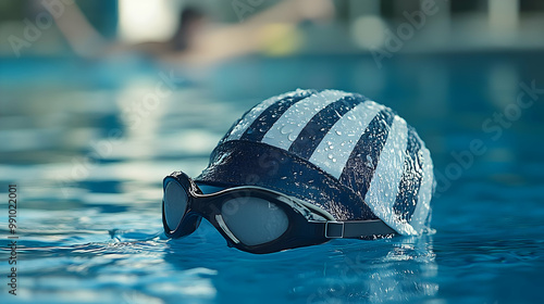 A swimming cap and goggles resting on the water surface, ideal for aquatic sports and training. photo