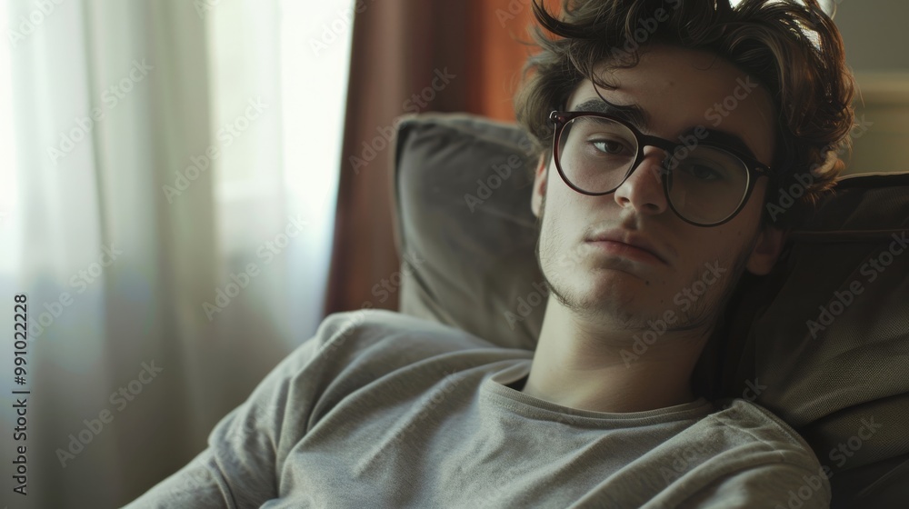 A young man in casual attire sits pensively on a couch by the window, bathed in soft, diffused light, highlighting a moment of introspection. A young man in casual attire sits pensively on a couch by the window, bathed in soft, diffused light, highlighting a moment of introspection.