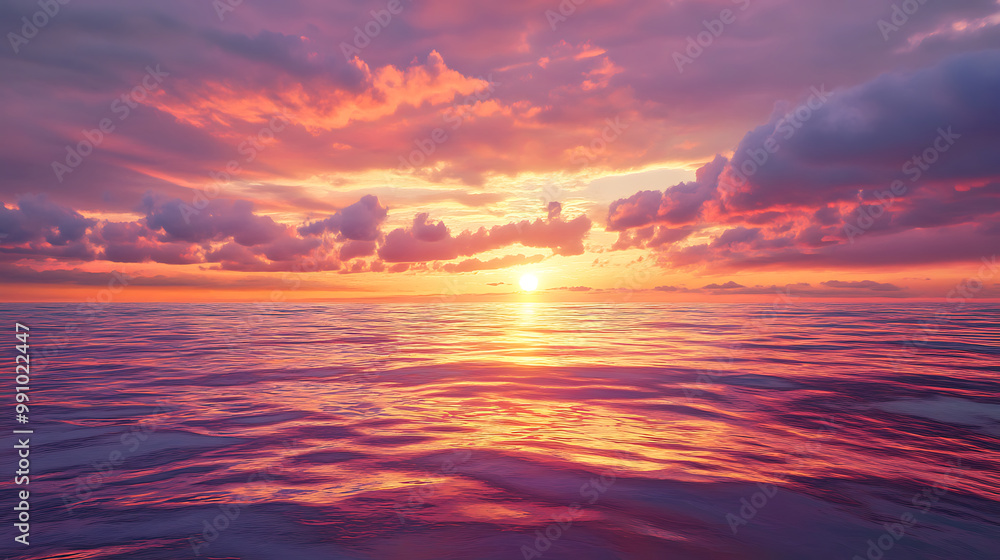 Sunset over the ocean with oranges, pinks, and purples reflecting on the calm water Sunset over the ocean with oranges, pinks, and purples reflecting on the calm water