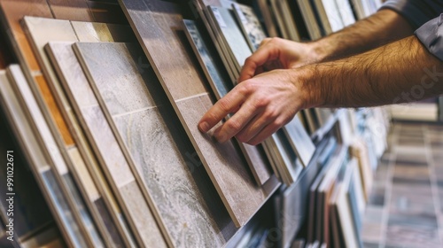 Close-up of hands carefully selecting ceramic tiles from a display shelf inside a store, highlighting various textures and patterns.