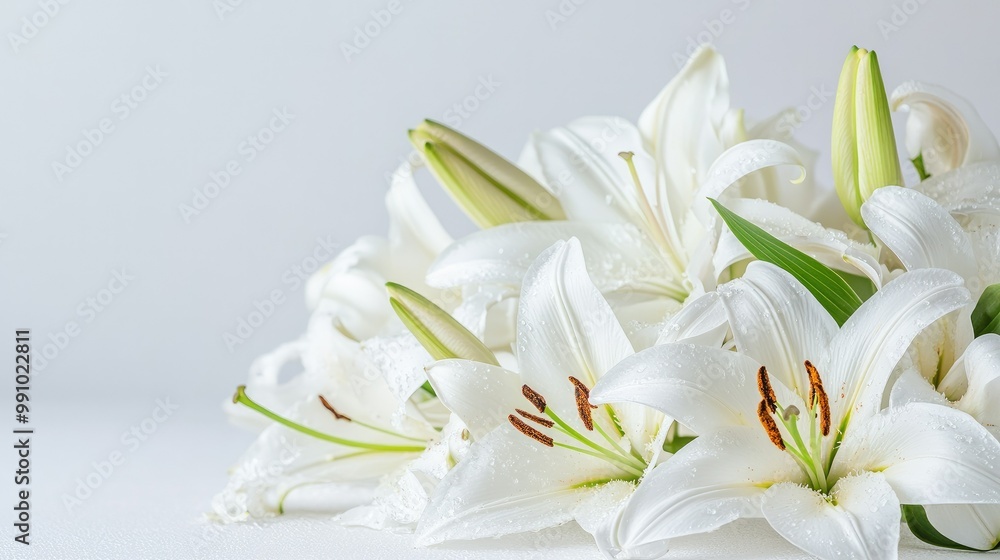 A bunch of fresh white lilies, their petals fully open, beautifully placed against a clean white backdrop, evoking purity and grace. A bunch of fresh white lilies, their petals fully open, beautifully placed against a clean white backdrop, evoking purity and grace.