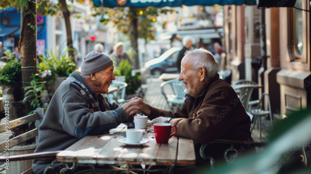 Two elderly friends share a heartfelt conversation and laughter over coffee at a quaint outdoor café, symbolizing enduring friendship and joy. Two elderly friends share a heartfelt conversation and laughter over coffee at a quaint outdoor café, symbolizing enduring friendship and joy.