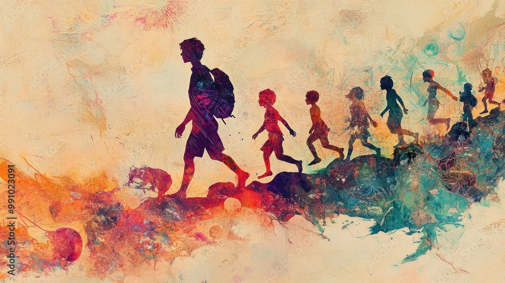 Silhouette of a group of people walking on an abstract landscape. Silhouette of a group of people walking on an abstract landscape.