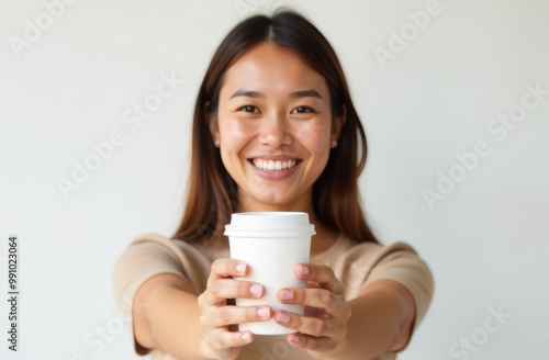 Asian woman standing with paper cup for takeaway coffee drinks or tea on white background. Place for text