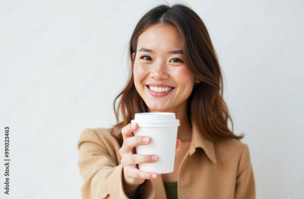 Asian woman standing with paper cup for takeaway coffee drinks or tea on white background. Place for text Asian woman standing with paper cup for takeaway coffee drinks or tea on white background. Place for text