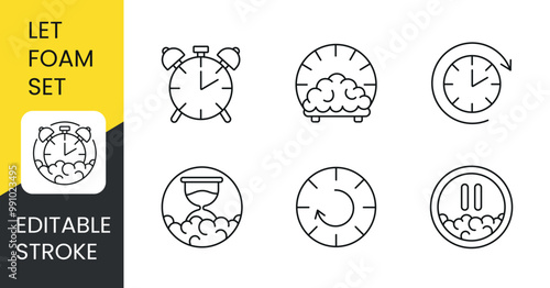 Time for the mounting foam to harden, let the foam harden, set of line icons vector with editable stroke