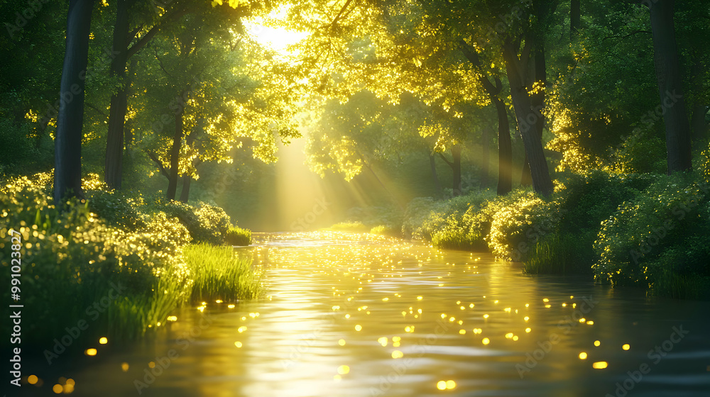 Obraz premium Serene river flowing through a sunlit forest, surrounded by lush greenery and delicate wildflowers.