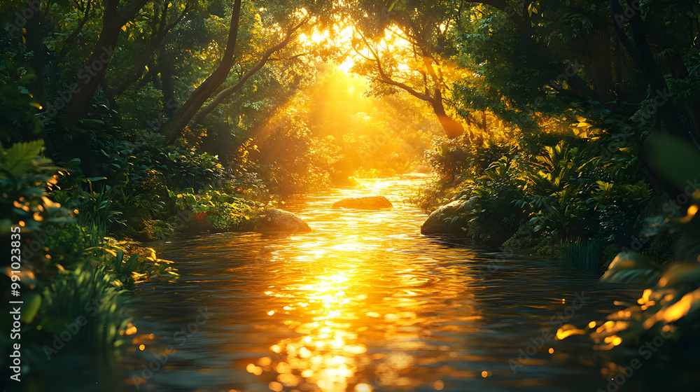 A serene forest scene with sunlight streaming through trees onto a gentle stream, creating a peaceful and tranquil atmosphere. A serene forest scene with sunlight streaming through trees onto a gentle stream, creating a peaceful and tranquil atmosphere.