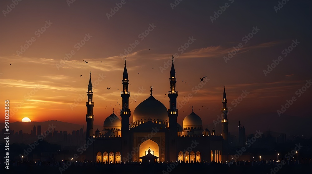 Obraz premium Eid Celebration at Sunset with Grand Mosque.generative.ai