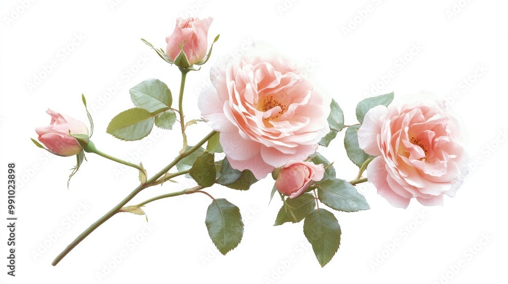A delicate bunch of pink roses in full bloom, beautifully arranged with green leaves, set against a bright white backdrop, ideal for wedding or romantic themes. A delicate bunch of pink roses in full bloom, beautifully arranged with green leaves, set against a bright white backdrop, ideal for wedding or romantic themes.