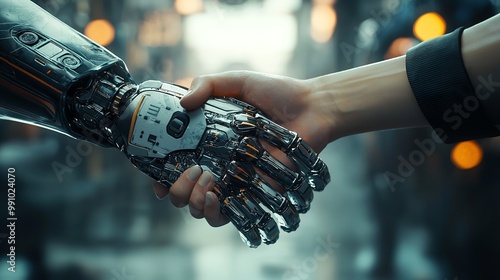 Human-Robot Handshake Symbolizing Tech Partnership