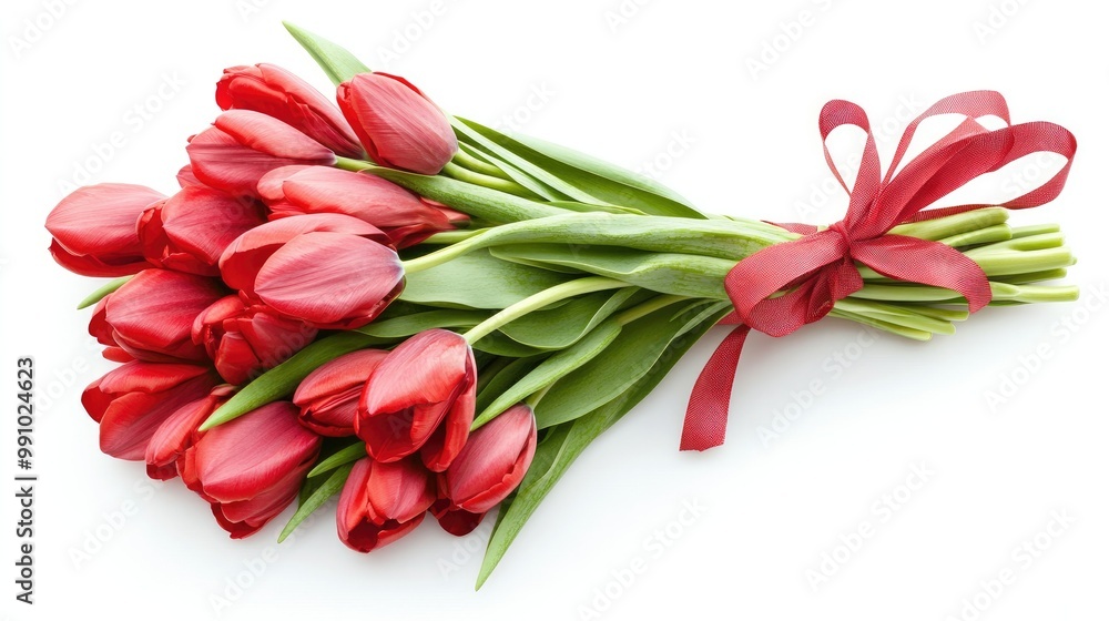 Fototapeta premium A neatly arranged bunch of red tulips, tied with a ribbon, set against a white background, symbolizing love and passion, perfect for gift-related themes.